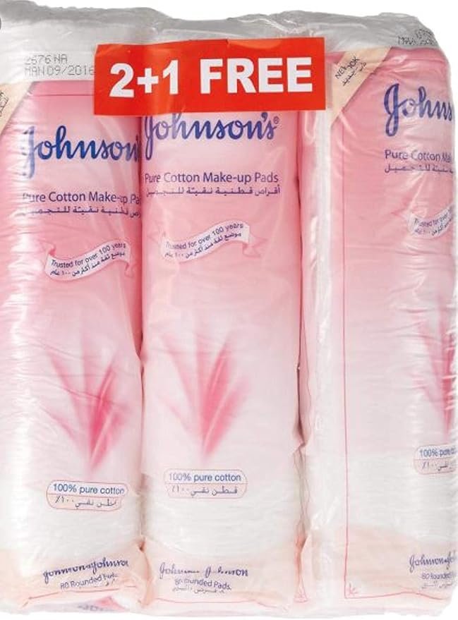 Johnson’s Pure Cotton Makeup Pads, Pack of 3x80 Rounded Pads, Crafted from Pure Cotton, Naturally Soft, Absorbent and Gentle, Removes Makeup Without Leaving Fibres on Your Skin, Refreshing Results